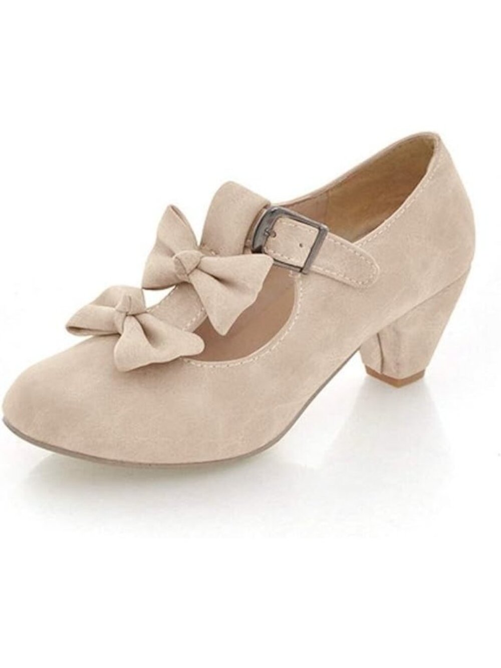 Mfairy Size 8 Mary Janes Vintage Lolita Bowknot Beige Fabric Shoes Buckle Strap